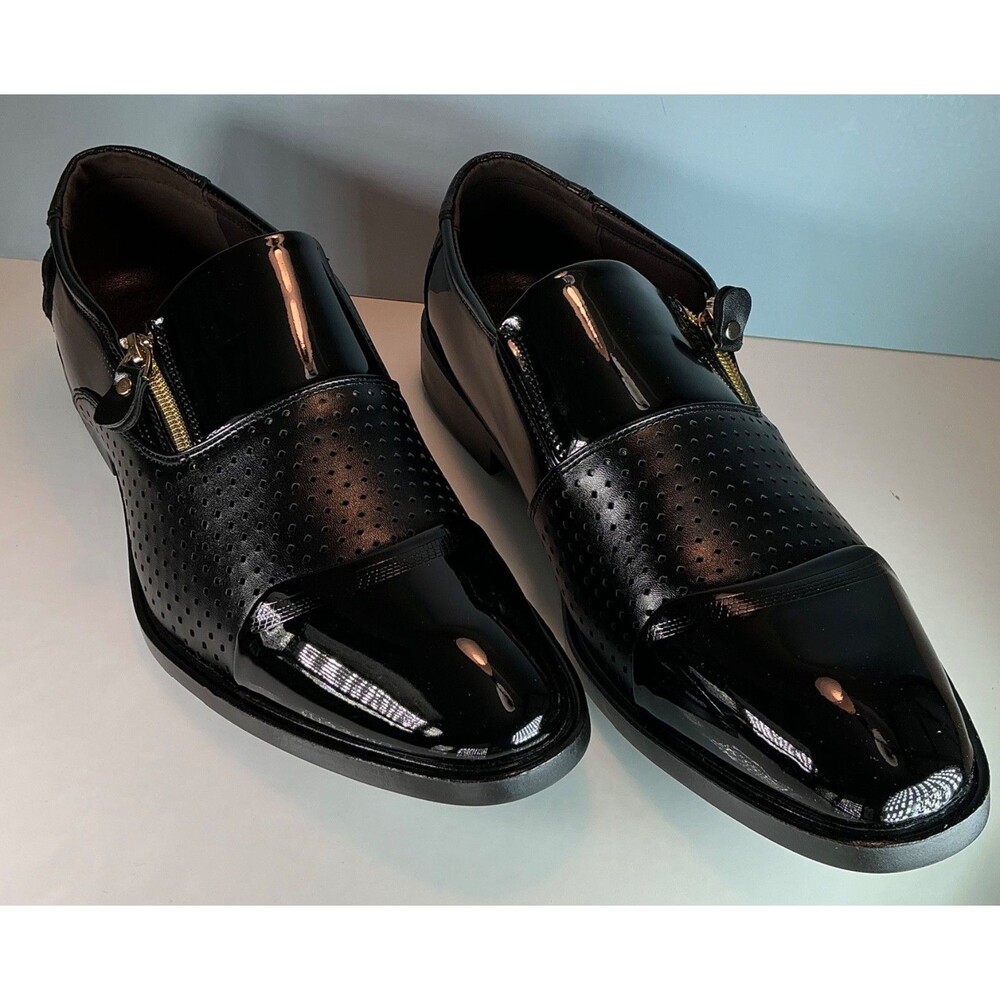 New With Box Men Dress Shoes Black US Size 12.5 Patent Leather Zip Closure